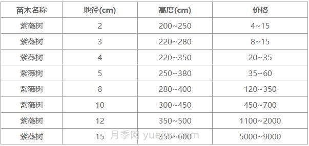 常用地徑4公分、5公分、10公分紫薇樹價格表(圖1)